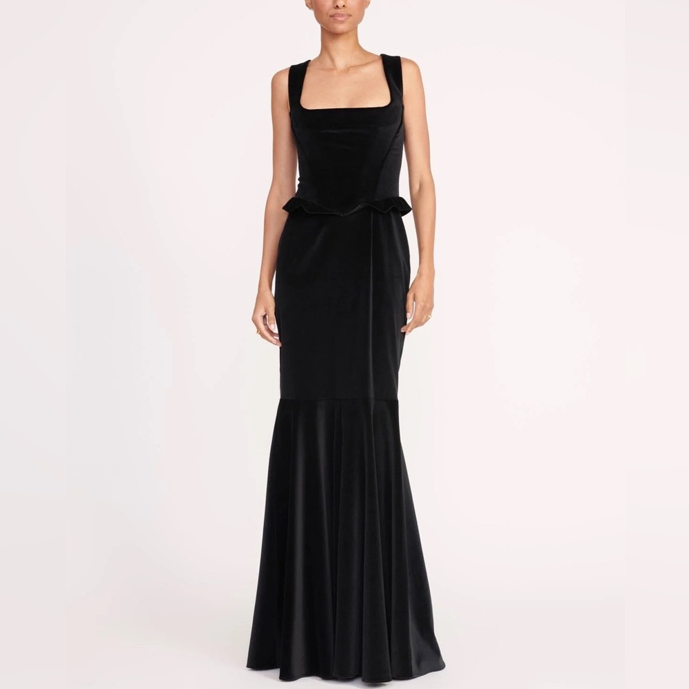 STAUD Black Vevet Square Neck Corset Lorelai Maxi Dress - Small